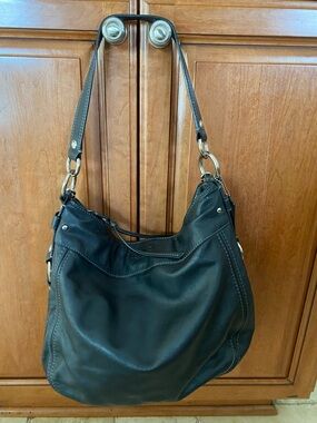 Coach Black Leather Zoe Shoulder Hobo Bag with Silver Hardware